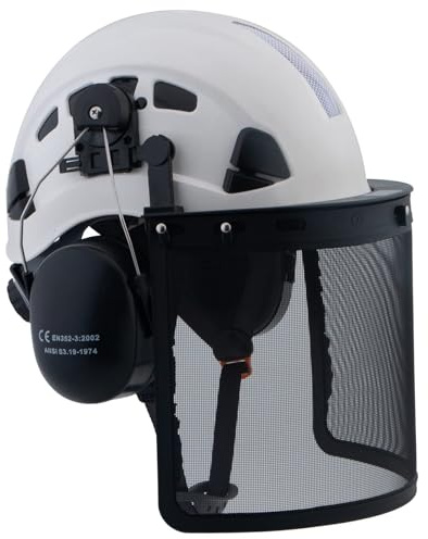 LOHASPRO Forestry Safety Helmet with Mesh Face Shield and Ear Muffs for Tree Logging Cutting Wood Arborist Helmet(A2 White+Face Shield+Earmuff)