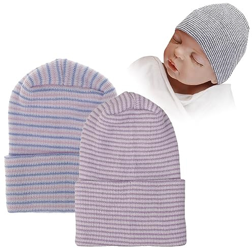 iSpchen 2 Stück Neugeborenes Mütze Babymütze Beanie Hut Unisex Kleinkind Turban Baby Newborn Herbst Mädchen Jungen Säuglings Kinder Erstlingsmütze Winter Schlupfmütze Blau, Rosa, Weiß + Hellviolett