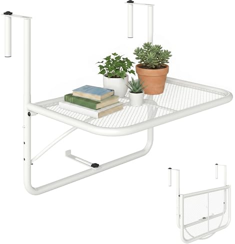 Outsunny Mesa Colgante de Balcón con Brazo Regulable y Altura Ajustable en 3 Posiciones Marco Metálico Carga Máx. 30 kg 60x56x50 cm Blanco