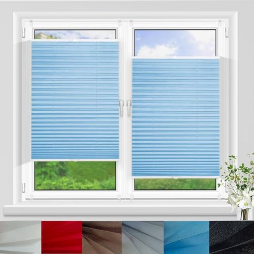 Premium Plissee Faltrollo ohne Bohren 50 x 140 cm Sichtschutz und Sonnenschutz Blickdicht Plissee Plisseerollo Faltrollo mit Klemmträger / -fix für Fenster und Tür, Blau