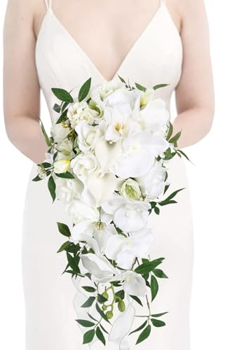 INSUNSIX Bridal Bouquets for Bride,10 Inch White Wedding Bouquets for Bride for Ceremony Anniversary Wedding Bridal Shower(White Green)