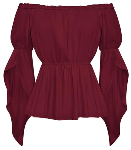 Skarlet Darkness damer viktoriansk volangblus axelfri korsett medeltida topp, Rött vin, XL