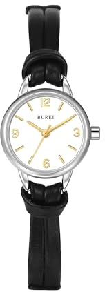BUREI Mini Uhr Damen Analog Quarz Demenuhr Elegante Armbanduhr Damen mit Lederarmband fur Frauen(Schwarz)