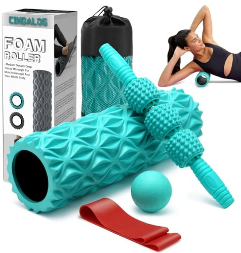 CINDALOG Set di rulli in schiuma 5 in 1: rullo in schiuma per punti trigger point, rullo muscolare, palla massaggiante, fascia elastica per massaggio muscolare profondo, pilates, yoga, esercizi di