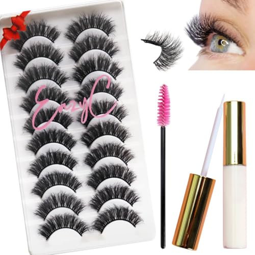 Russian Strip Lashes False Eyelashes Cat Eye Lashes 15MM D Curl Strip Lashs 10 Pairs with Strong Eye Lash Glue and Eyelash Brush- Reusable Handmade Natural Look 3D Cat Eye Lash