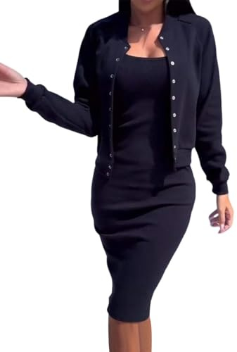 shownicer Ensemble Deux Pièces Robe Femme Elégant sans Manches Robe et Cardigan Manteau Set Automne Hiver Casual 2 Pièces Ensembles