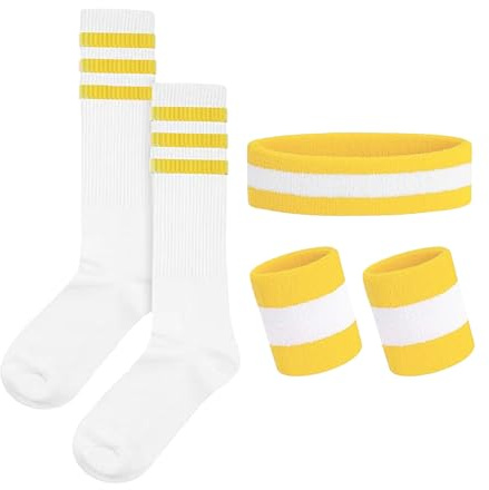 Werownsgso Juego de 5 bandas para el sudor a rayas, estilo años 80, accesorios para mujer, con diadema a rayas, calcetines, bandas deportivas para la cabeza, juego para fitness, deportes, fiestas