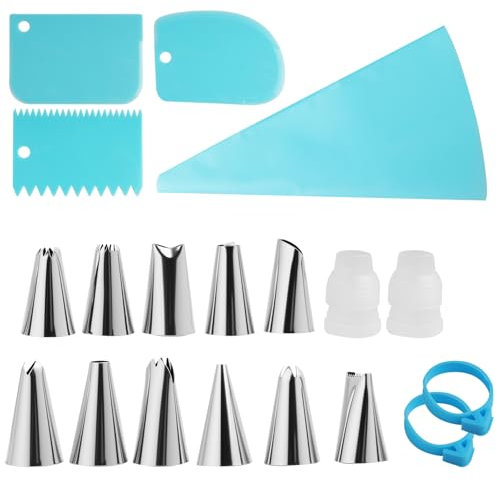 Kit completo per decorare torte, set da 21 pezzi con 12 beccucci in acciaio inox, 2 sacchetti riutilizzabili in silicone, 2 accoppiatori, 2 fascette e 3 raschietti in plastica, per torte e cupcake