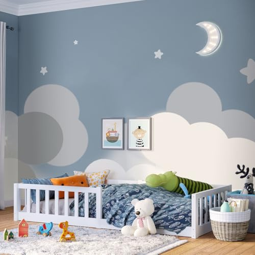 Bellabino Vere Bodenbett 80x160 cm – Montessori Kinderbett mit Rausfallschutz & Lattenrost – Massives Kinder Bett für Jungen & Mädchen aus Holz Kiefer – Kleinkindbett in Weiß