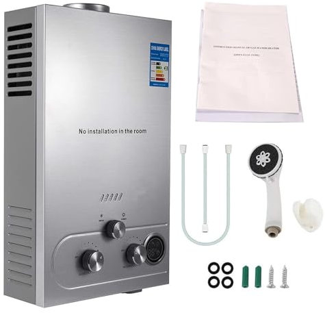 Chauffe-Eau à Gaz Propane GPL 6L, Chauffe-Eau Instantané 12kW avec Kit de Douche, Modes Hiver et Été, Protection Surchauffe, Idéal pour Maison et Camping