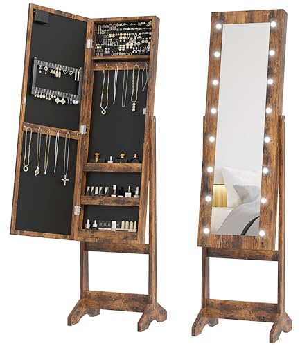 HOMCOM Freestanding Mirror Jewelry Cabinet with LED Lights, Jewellery Organiser with 3 Angle Adjustable, Full-Length Mirror with Storage for Earrings, Necklaces, Rings and Lipsticks, Rustic Brown
