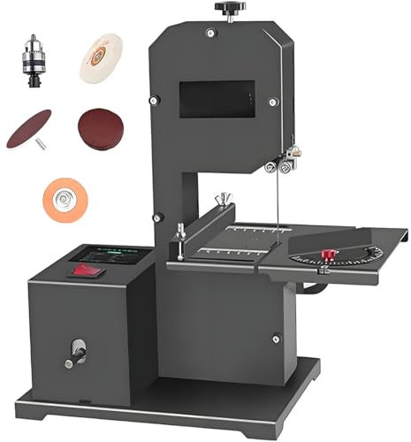 GJBMXSM Scie à Ruban Établi Professionnelle 800W 230V | Hauteur de Coupe Max 70mm | Coupes Courbes/Droites | Table Métal Réglable 0-45° | Idéale Atelier Bois & DIY (avec 2*Lame)