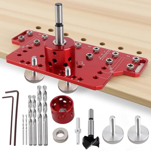 Gugxiom 2-in-1-Schablone für Regalstifte und Schrankscharniere, Aluminiumlegierung Bohrschablone für die Holzbearbeitung mit 1/4, 5 mm, 2 mm und 35 mm Bohrern, Schrankbeschlagvorrichtung