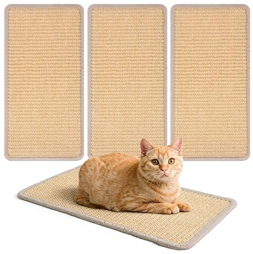 DOPENSPI 4 PCS Carpet Cat Scratching Mat Sisal, 15.7 x 7.8 inch Natural Sisal Cat Scratching Mat with Adhesive Hook Loop Tape for Indoor Protect Couch and Carpets