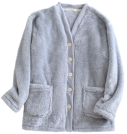 Wyongtao Veste Polaire Femme Manteau D'Intérieur En Peluche Épaissir Manteau Femme Hiver Chaud Boutons Hauts De Pyjama Col En V Unie Blouson Décontractée Doux Ample Top Cachemire Thermique
