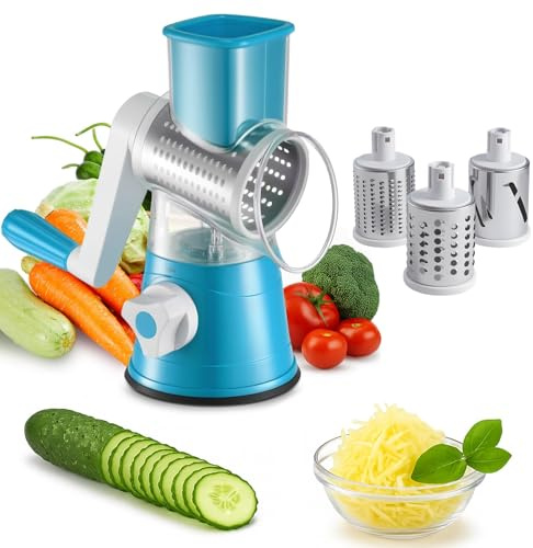 SUNNYNEST Rotary Cheese Grater Rotary Vegetable Slicer Manual Round Mandoline Vegetable Slicer with 3 Interchangeable Blades for Potato, Carrot, Garlic, Walnut (Blue)