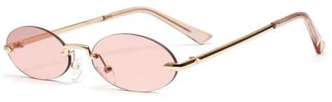 QGGNMGT Occhiali da sole ovali retrò senza montatura da donna, unisex, in metallo, con lenti rosa trasparenti (oro-marrone)