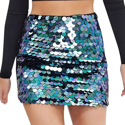 Pailletten Rock Damen Glitzer Rock Damen Bauchtanz Kostüm Elastische Taille A-Linie Sexy Faschingskostüme Hüftrock für Karneval Meerjungfrau Party Cocktail Kleid Performance Kostüm