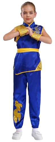 inlzdz Kids Boys Girls Satin Kung Fu Costume Short Sleeve Dragon Print Top With Pants Belt & Cuffs Blue 5-6 Years