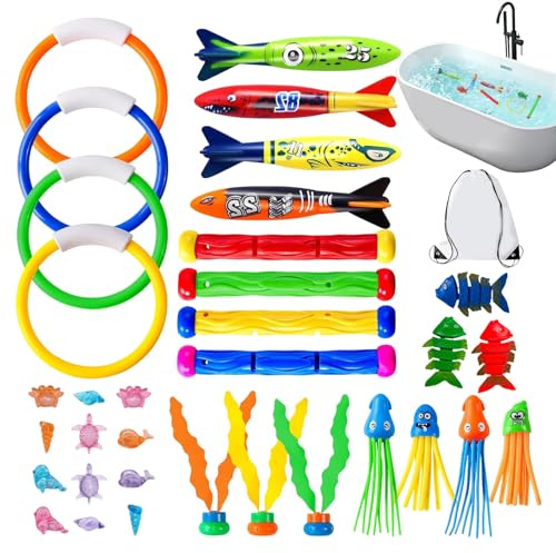 Rnyrn Giocattoli Subacquei per Piscina,con Anelli e Divertenti Giochi d'Acqua galleggianti | 35 Pezzi di Giocattoli subacquei Estivi con Gemme,per Estate all'aperto Acquatico Bambini Giardino