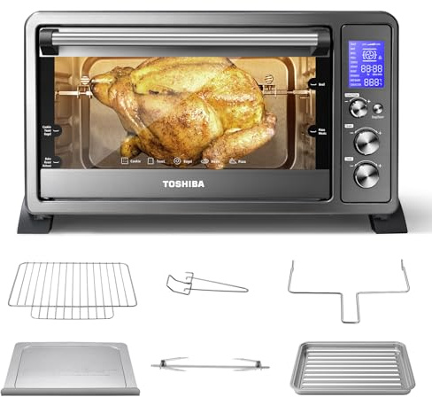 TOSHIBA AC25CEW-BS Large 6-Slice Convection Toaster Oven Countertop, 10-In-One with Toast, Pizza and Rotisserie, 1500W, Black Stainless Steel, Includes 6 Accessories