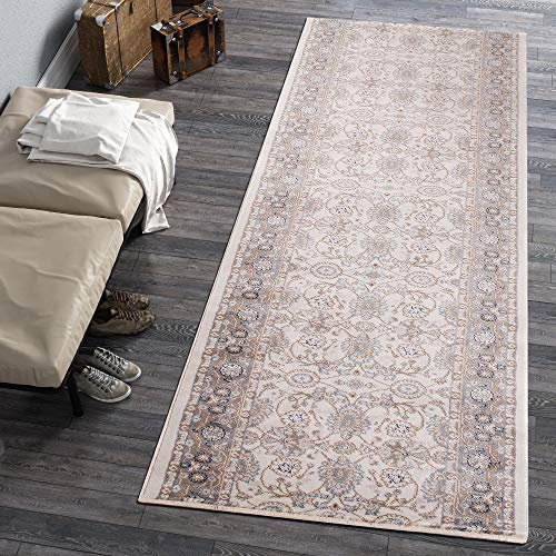 Carpeto Rugs Mazovia Alfombra de Pasillo Larga - Design Oriental Moderno Pelo Corto - Alfombras de Pasillo por Metros - Alfombras para Pasillos Largos - Moqueta por Metros - Blanco Crema - 80x250 cm
