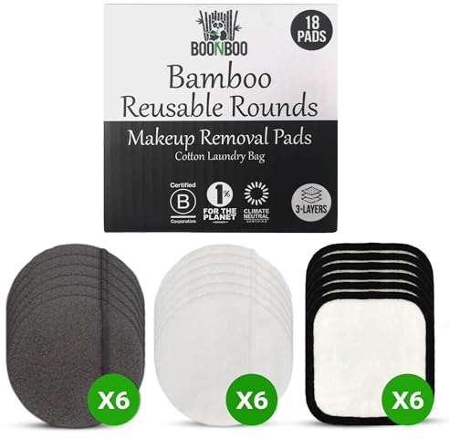 BOONBOO Reusable Makeup Removal Pads, Bamboo Cotton, 3-Layer, 18 Pieces
