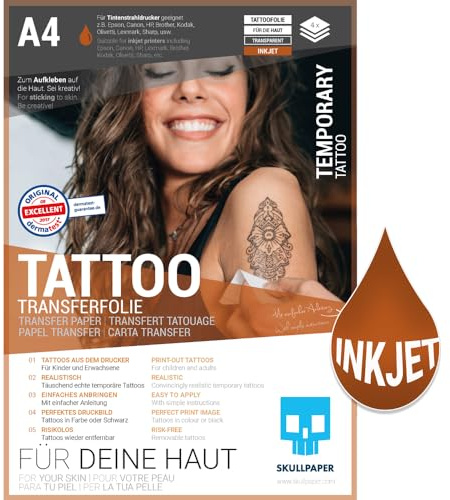 SKULLPAPER® temporäre Tattoo-Transferfolie FÜR DIE Haut - SEHR GUT getestet - für Tintenstrahldrucker (A4-4 Blatt)