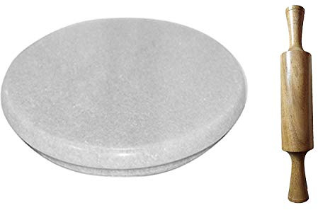 Radhna Traditionell indisk vit tung bas marmor chakla med trä Belan/Marmor Roti Maker/Marmor rullbräda med träkavel