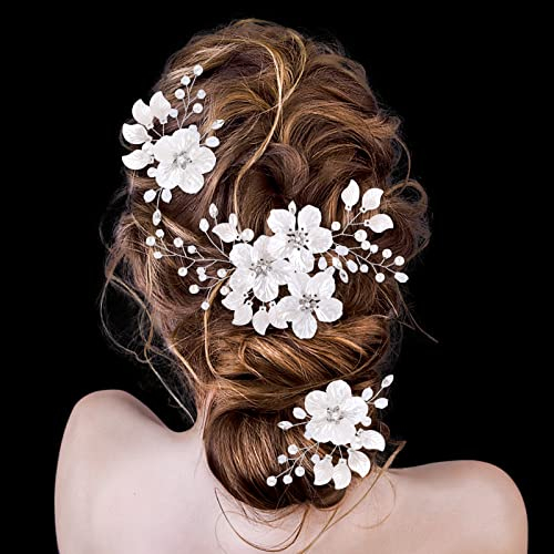 BETESSIN 3Pcs Hochzeit Haarnadeln Blumen Braut Haarspangen Muschel-Blütenblätter Hochzeit Haarschmuck Perlen Brautschmuck Haare Haarklammern Haar Clips für Damen Mädchen Silber