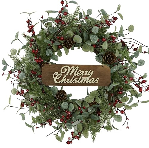 Christmas Wreaths for Front Door,Artificial Christmas Wreath with Sparkling Leaves and Pine Needles are paired with Plump Pine and red Berries,Wreath for Indoor Wall Window Decor.