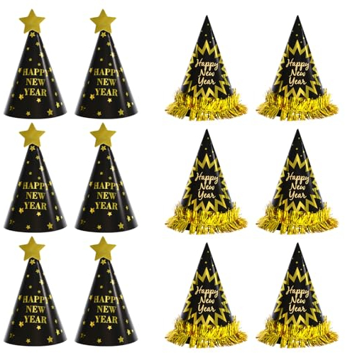 BBXWANG 12 Stück Silvester Partyhüte 2024, Schwarz Gold Kegel Partyhut Happy New Year Deko, Für Erwachsene, Kinder (Tassel + Stern)