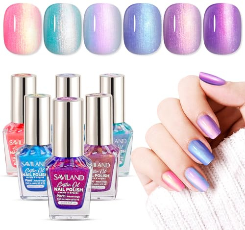 SAVILAND 6pcs Ombre Nail Polish Sets: Charm Pink Blue Gold Purple Ombre Summer Nail Varnish Colors Air Quick Dry Nail Polish Plant-base Castor Oil Natural Gel Polish Kit for Women Home Manicure DIY