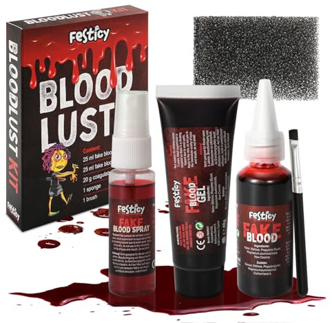 Festicy Kunstblut Halloween Set 2025 I 25ml Blut, 25ml Spray, 20g Fake Blood Gel, Schwamm & Pinsel I Fake Blut für Make-up I SFX I Auswaschbar, Blutplasma