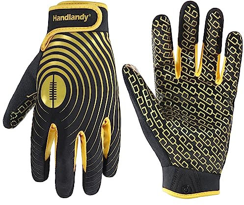 HANDLANDY American Football Handschuhe Herren, klebrige breite Empfängergriffhandschuhe, Schwarz und Gold, Stretch-Passform, Fußballhandschuhe Erwachsene, M