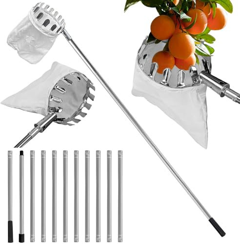 YANGUN Apple Picker with Telescopic Handle, Fruit Picker Tool with Stainless Steel Connecting Pole and Fabric Bag, Fruit Harvester Berry Picker, Fruit Grabber for Cherry Lemon Orange Pear (4.2 Meter)