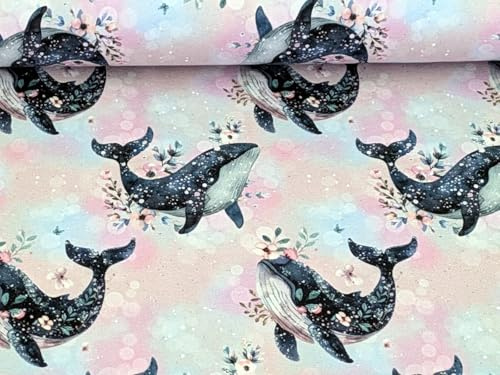 Eigenproduktion Baumwolljersey Blumen Wal auf Rosa Pastell Stoff Meterware Kleiderstoff Maritim