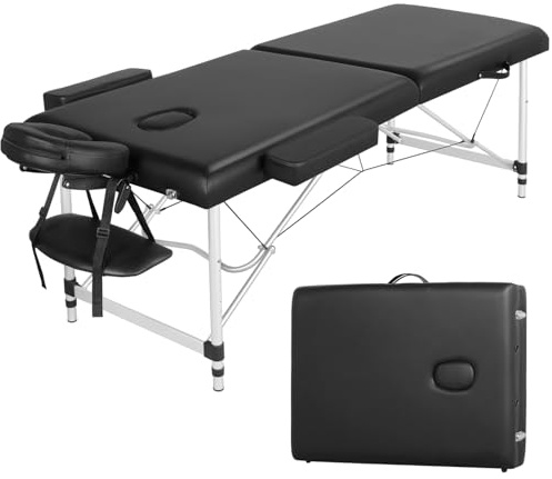 Soberine Lettino per Massaggio a 2 Zone Pieghevole Portatile Professionale in Alluminio 213 x 70 cm Altezza Regolabile Poggiatesta e Briaccioli Rimovibili Nero
