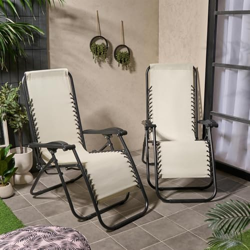 OHS Sun Loungers for Garden Set of 2, Reclining Chairs for Relaxing in Summer Sun Garden Beach Picnic Balcony Outdoor Chair - Cream
