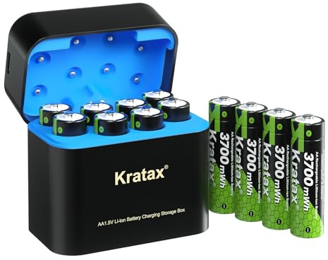 Kratax Pilas AA recargables de litio, 12 unidades, con cargador, pilas AA de litio de alta capacidad, 1,5 V, 3700 mWh, 2000 ciclos de carga, pilas AA de iones de litio recargables con caja de carga