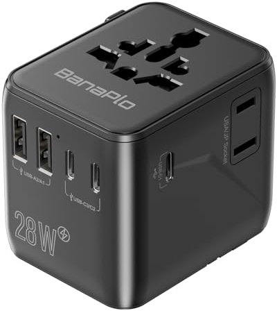 Universal Travel Adapter with 3 USB C and 2 USB A Ports, 28W Travel Plug Adapter Worldwide, International Travel Adapter with Extra US Socket, Universal Plug Adaptor Dual 10A Fuses for EU US UK AUS