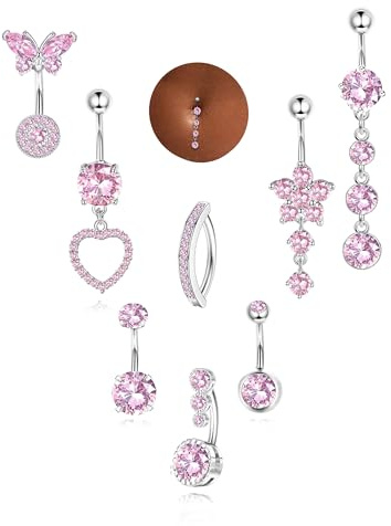 Milacolato Piercing Ombelico Acciaio Chirurgico, Set di 8 Rosa Navel Piercings, Gioielli Pendenti per la Cute a Fiore, Cuore e Farfalla, Gioielli per Gioiello per l'Addome Clicker per Donne e Ragazze