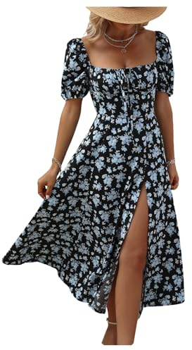 GORGLITTER Women's Floral Midi Dress Ruched Bust Split A Line Dress Boho Square Neck Short Sleeve Summer Swing Dresses Black and Blue X-Small