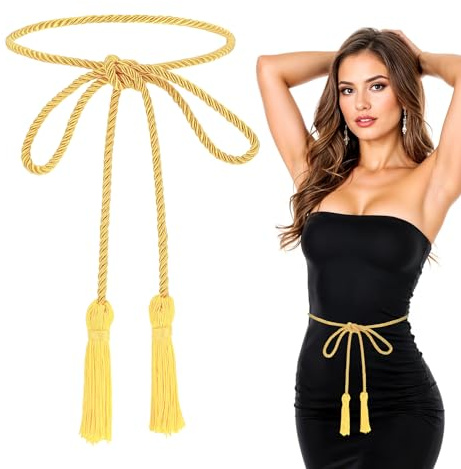 ValueBargain Cintura in corda dorata, 2 pezzi, lunghezza 167 cm, con nappe intrecciate, cinture in corda, cinture per cravatte per donne, gonne, abiti, accessori Toga (oro)