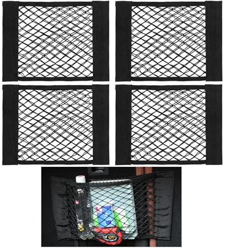 4 Pack 30 x 25 cm Storage Nets, Black Adhesive Mesh Cargo Net Elastic String Net, Campervan Storage Bags for Storing Phone Water Bottle Toiletry