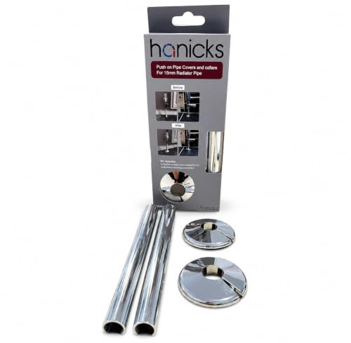 Chrome Radiator Pipe Covers 15mm x 200mm with Collars, Snap-On Central Heating Pipe Cover Kit, Easy Fit Radiator Pipe Sleeves for Exposed Pipework, Pack of 2 (H3844) - Hanicks