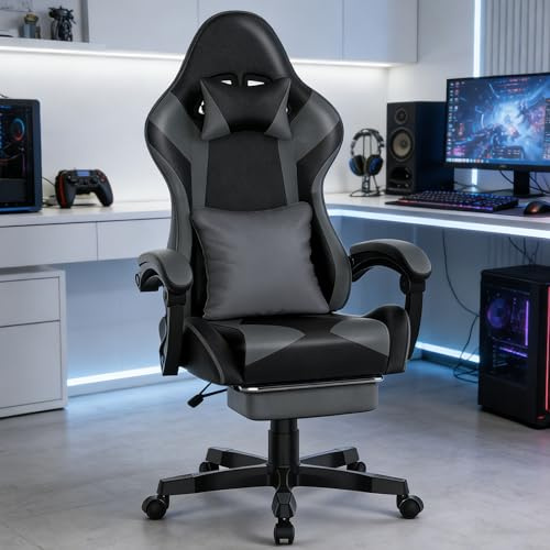Soontrans Silla Gaming Ergonómica, Silla Gamer con Alfombrilla de Ratón, Reposapiés, Reposacabezas, Cuero sintético, Altura Ajustable, Cadeira Gaming para Escritorio, Juegos Online (Negro grisáceo)
