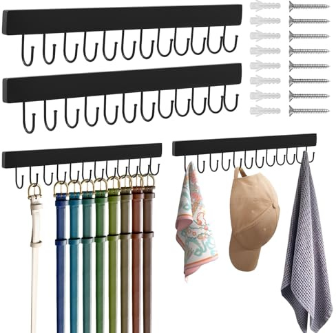 Muross 4 Pcs Belt Hanger Wall Mount, Wooden Closet Belt Rack with 12 Rotatable Metal Hooks, Tie Hanger Organizer Space Saving Storage for Wardrobe, Closet, Bedroom