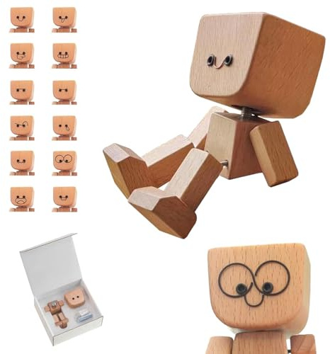 Figurine de bonhomme en bois secouant - Fabriquée à la main - Avec 12 expressions magnétiques du visage - Décoration de voiture pour tableau de bord - Avec bonnet de Père Noël pour bureau