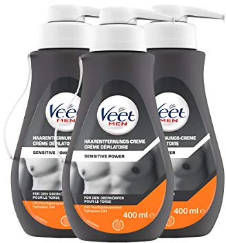 Veet Men Haarentfernungscreme für Oberkörper & Beine - Enthaarungscreme für Männer, Haarentfernung in 5-10 Minuten - 3x400 ml Spender inkl. Spatel